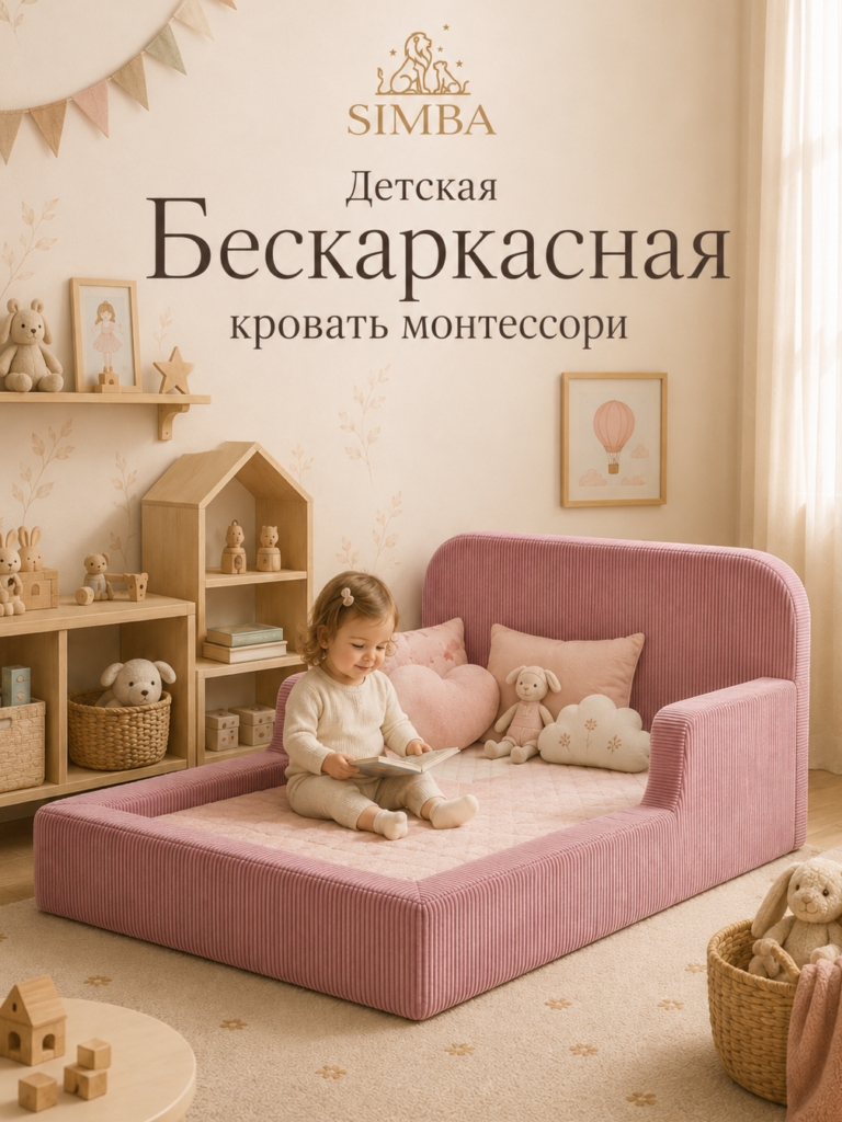 Детская бескаркасная кровать розовый вельвет