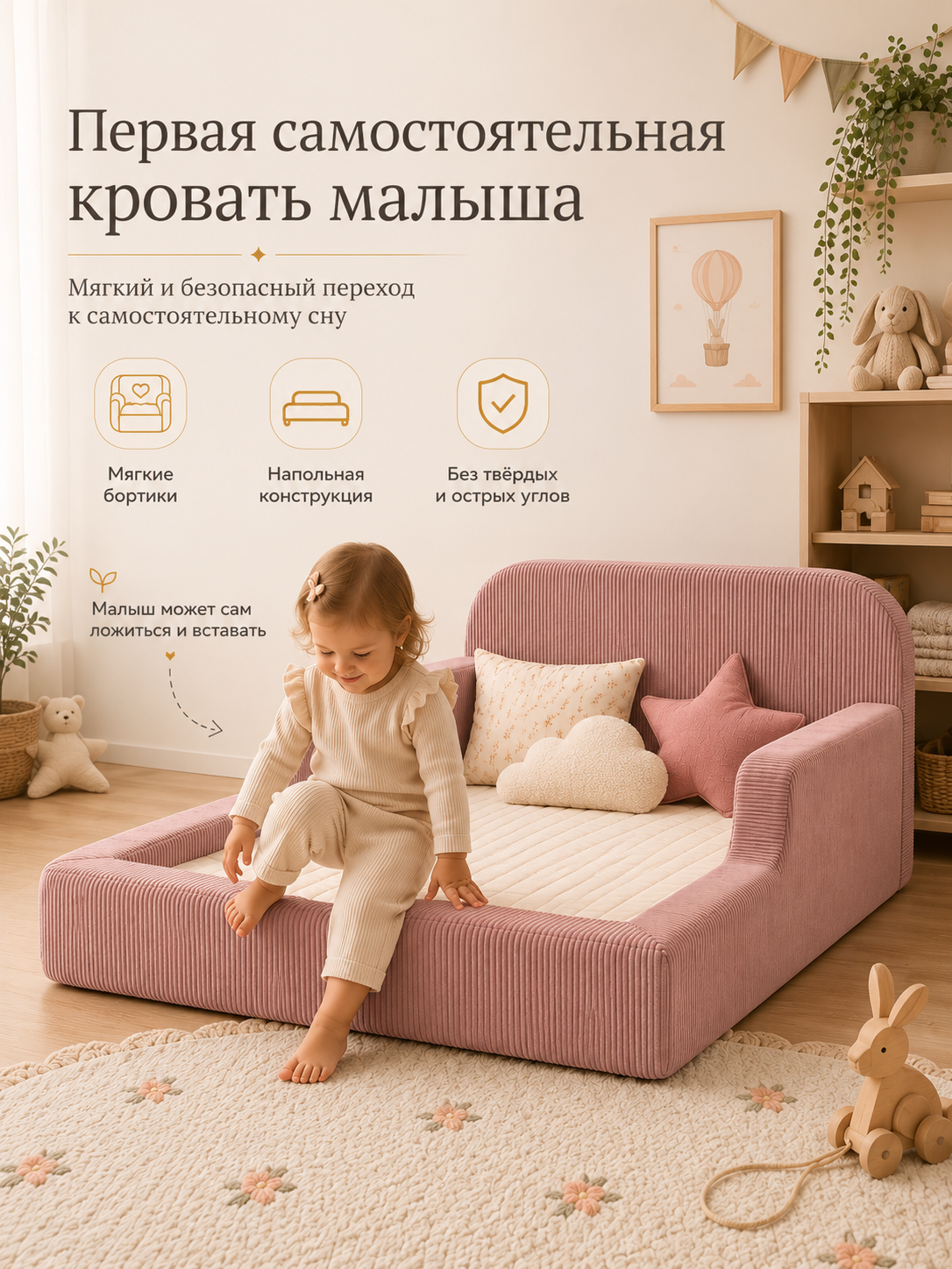 Детская бескаркасная кровать розовый вельвет