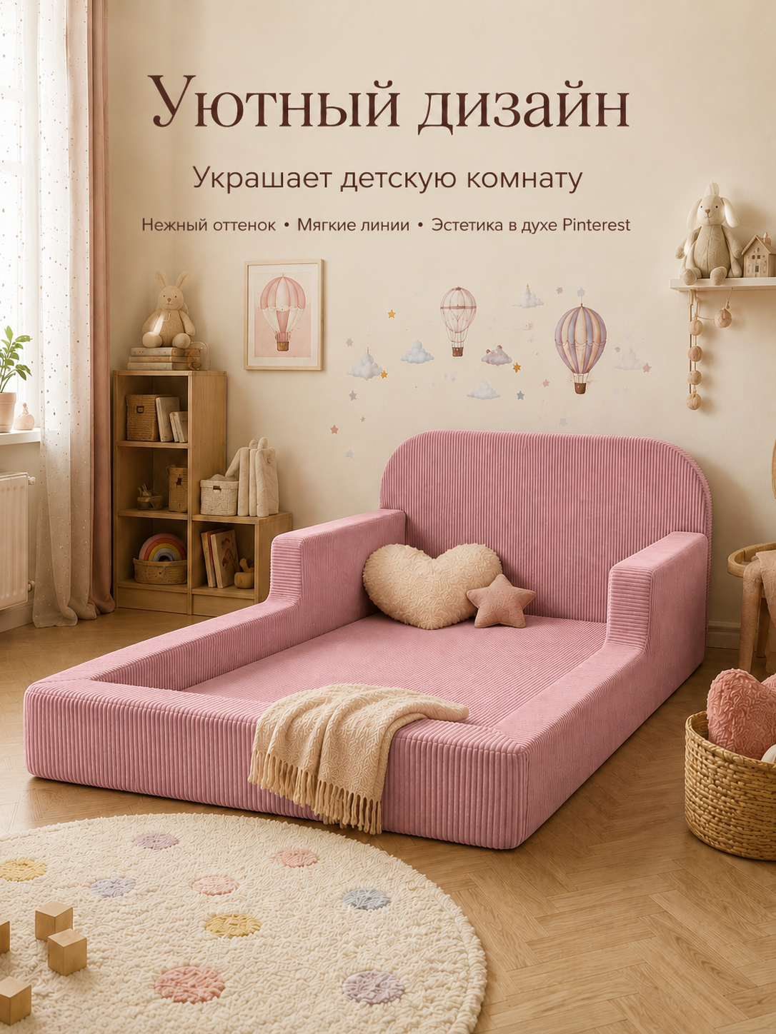 Детская бескаркасная кровать розовый вельвет